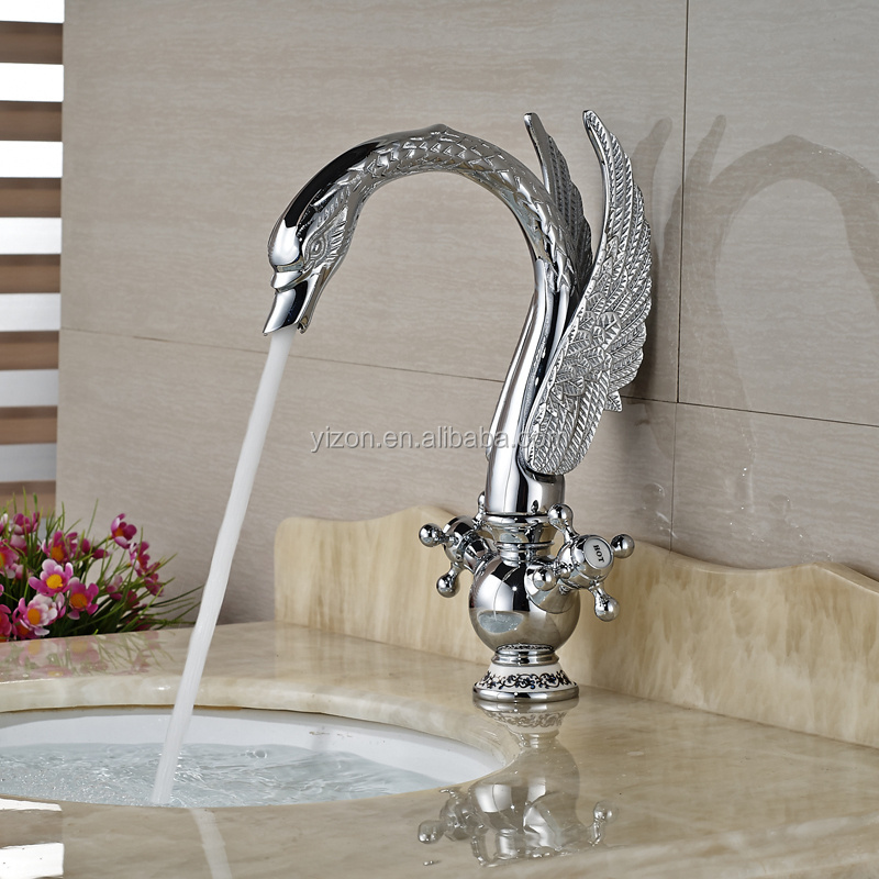 Luxury Chrome Animal Swan Shape High Grade Basin Sink Faucet Dual Handle One Hole Deck Mounted Bathroom Mixer Taps