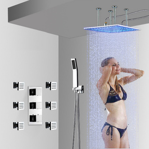 Ceiling Mounted Digital Temperature Display Bathroom Rain Mixer Tap LED Big Rainfall Shower Faucet Set