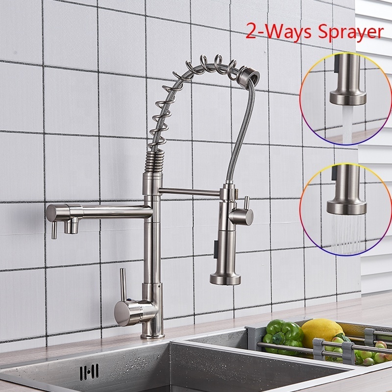 2019 Factory Sale Brushed Nickel  Brass Spring Kitchen Faucet Flexible Swivel Pull down 2-Way Outlet Sprayer Kitchen Sink Faucet