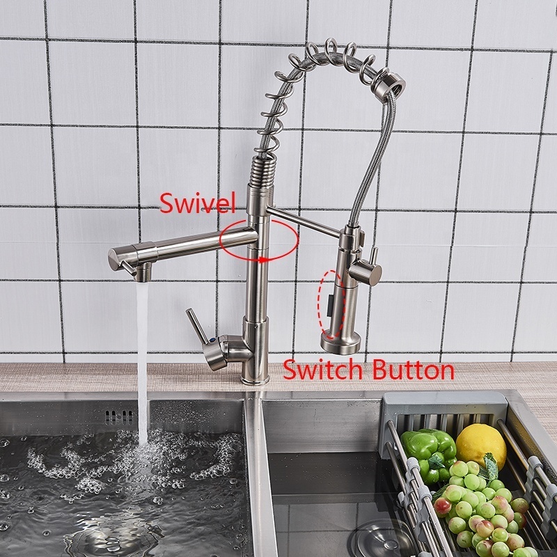 2019 Factory Sale Brushed Nickel  Brass Spring Kitchen Faucet Flexible Swivel Pull down 2-Way Outlet Sprayer Kitchen Sink Faucet