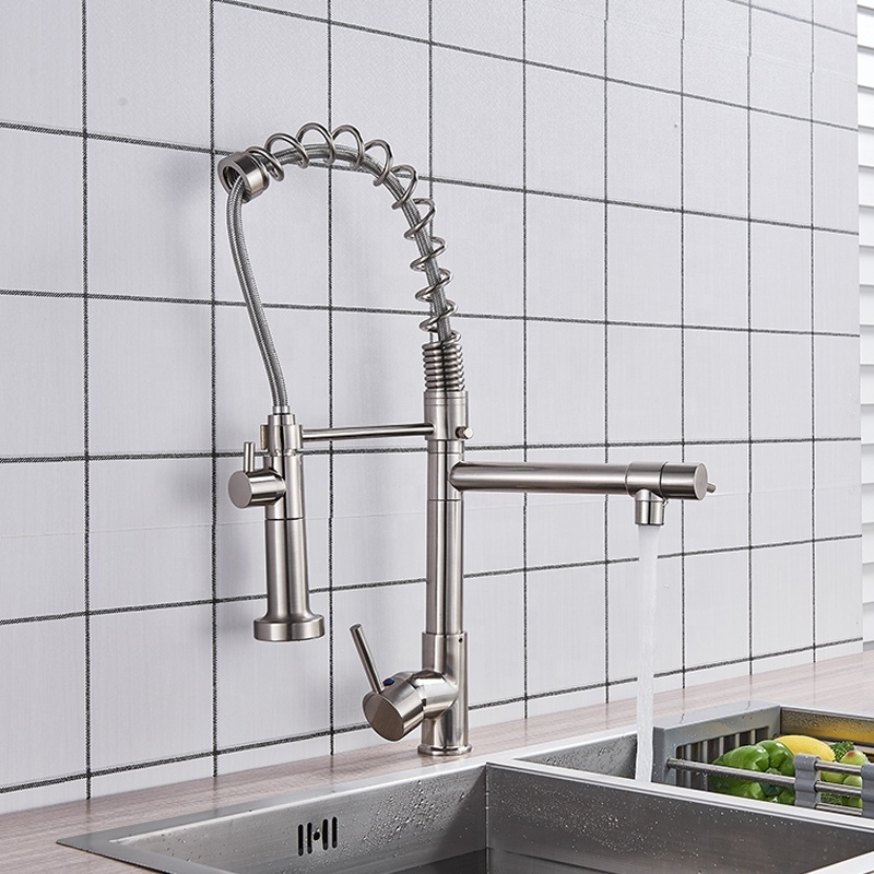 2019 Factory Sale Brushed Nickel  Brass Spring Kitchen Faucet Flexible Swivel Pull down 2-Way Outlet Sprayer Kitchen Sink Faucet