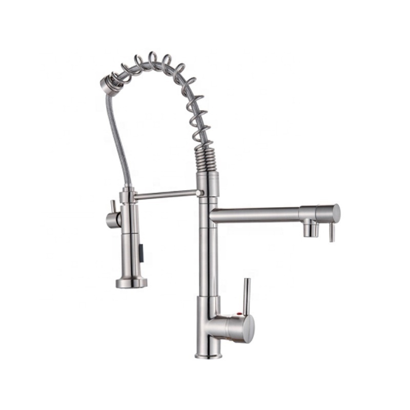 2019 Factory Sale Brushed Nickel  Brass Spring Kitchen Faucet Flexible Swivel Pull down 2-Way Outlet Sprayer Kitchen Sink Faucet