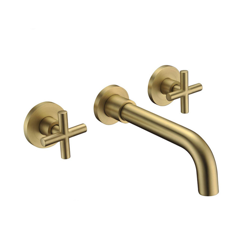 2019 New Copper Brushed Gold Brushed Rose Gold Dark Wall-mounted Three-hole Bathroom Basin Faucet Hot and Cold Water Faucet