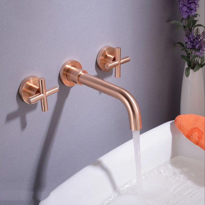 2019 New Copper Brushed Gold Brushed Rose Gold Dark Wall-mounted Three-hole Bathroom Basin Faucet Hot and Cold Water Faucet