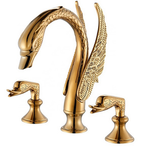 2019 New Arrivals  Luxury Golden Swan  Faucet Deck Mounted  Dual Handles Hot Cold Water Mixer Tap washroom Basin Sink Faucet