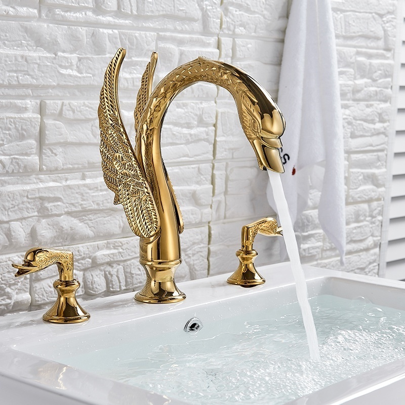 2019 New Arrivals  Luxury Golden Swan  Faucet Deck Mounted  Dual Handles Hot Cold Water Mixer Tap washroom Basin Sink Faucet