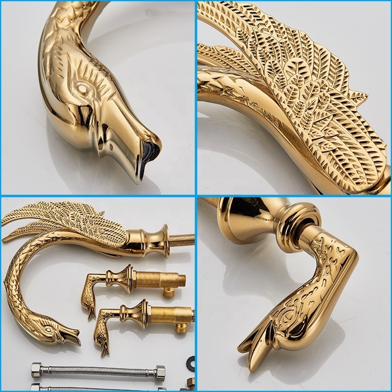 2019 New Arrivals  Luxury Golden Swan  Faucet Deck Mounted  Dual Handles Hot Cold Water Mixer Tap washroom Basin Sink Faucet