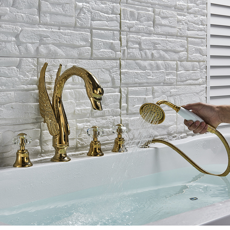 High Quality Golden Swan Bathtub Faucet Deck Mounted Bath Shower Set Ceramic Hand Shower Basin Mixer Tap Widespread Tub Sink Tap