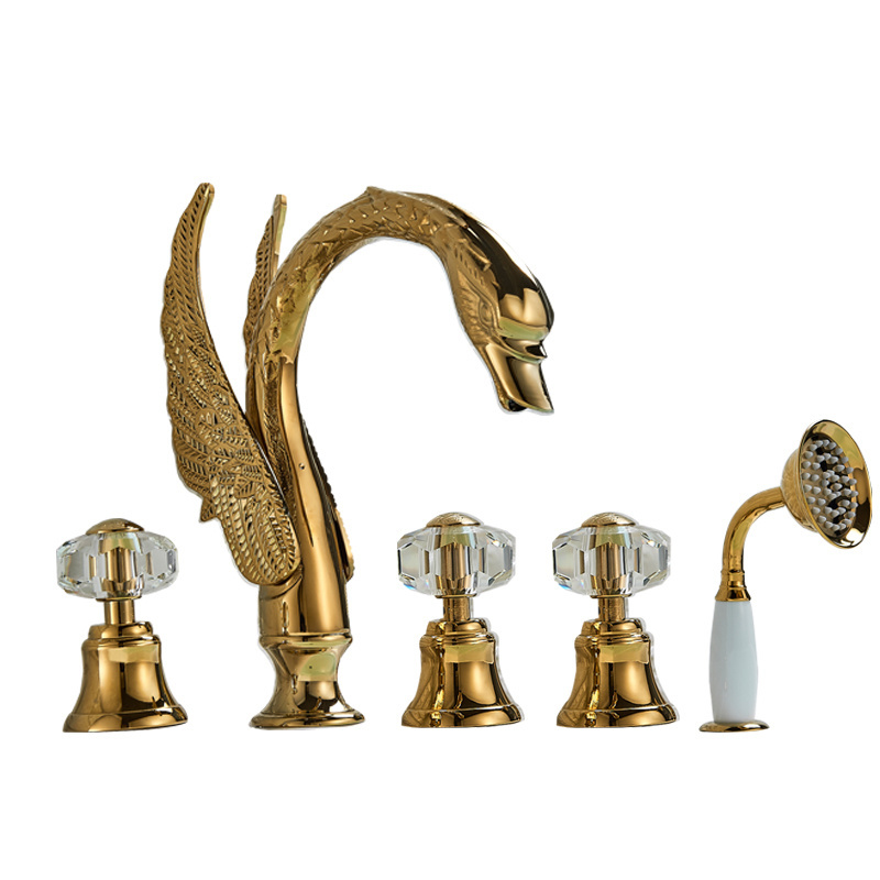 High Quality Golden Swan Bathtub Faucet Deck Mounted Bath Shower Set Ceramic Hand Shower Basin Mixer Tap Widespread Tub Sink Tap