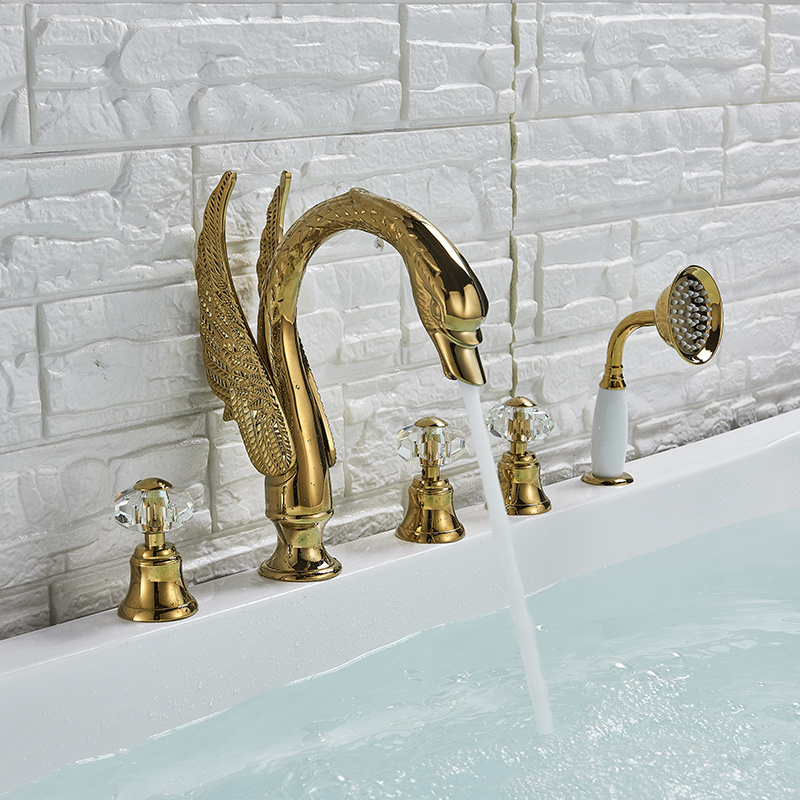 High Quality Golden Swan Bathtub Faucet Deck Mounted Bath Shower Set Ceramic Hand Shower Basin Mixer Tap Widespread Tub Sink Tap