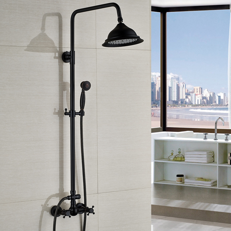 Bathroom 8'' Rainfall Shower Head  Dual Handle  Oil Rubbed Bronze  Brass Shower Set Faucet Wall Mounted With  Handshower