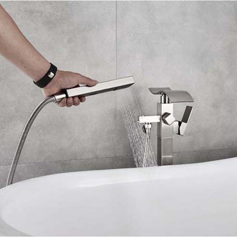 Brushed Nickel Bathtub Mixer Faucet Floor Mounted Waterfall Tub Sink Faucet Single Handle Bath Shower Set with Hand Shower