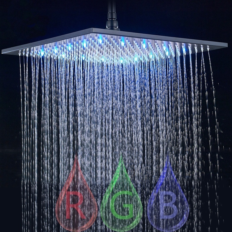 Black Rainfall Shower Head LED Light 16