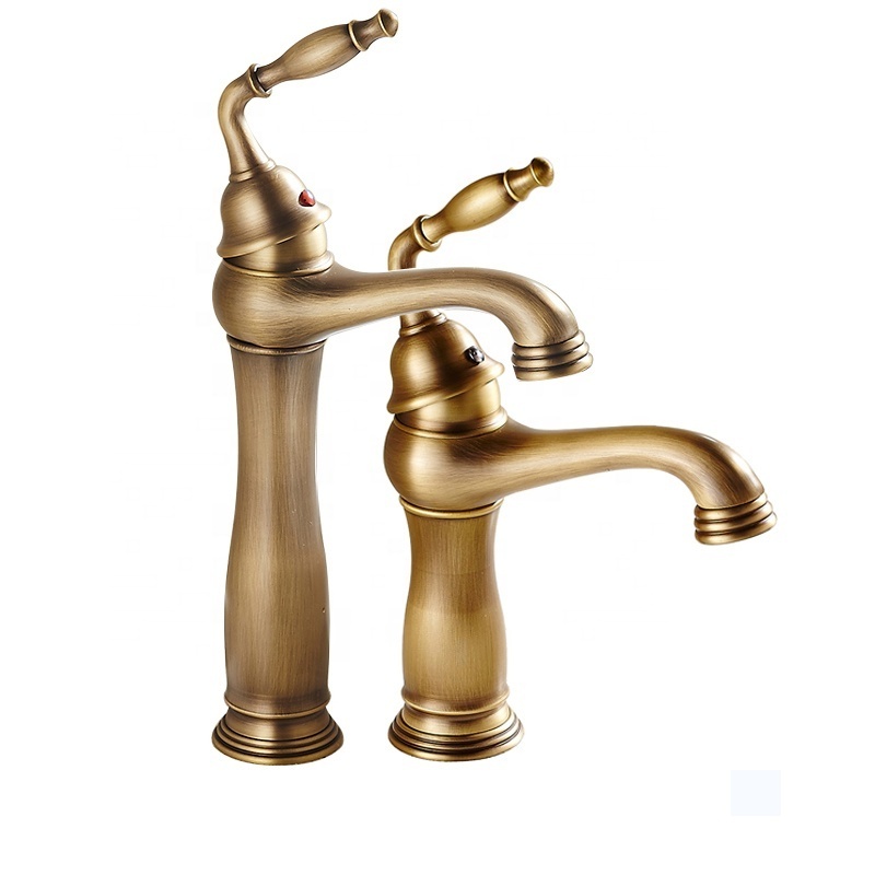 Antique Brass Bathroom Brass Vanity Sink Faucet One Handle Deck Mounted Washing Basin Mixer Taps Hot and Cold Water