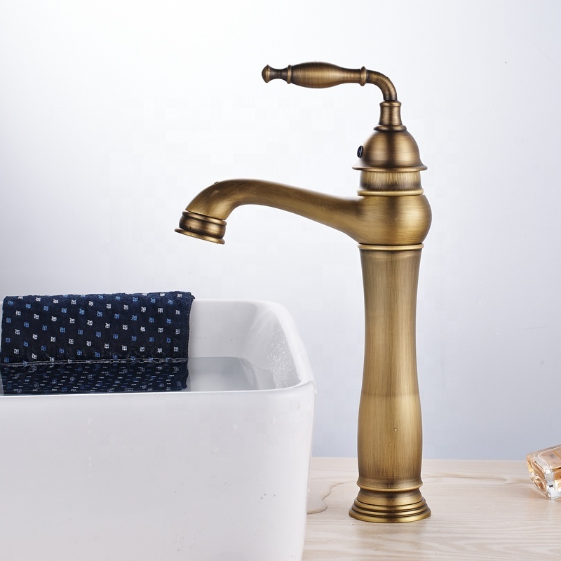 Antique Brass Bathroom Brass Vanity Sink Faucet One Handle Deck Mounted Washing Basin Mixer Taps Hot and Cold Water