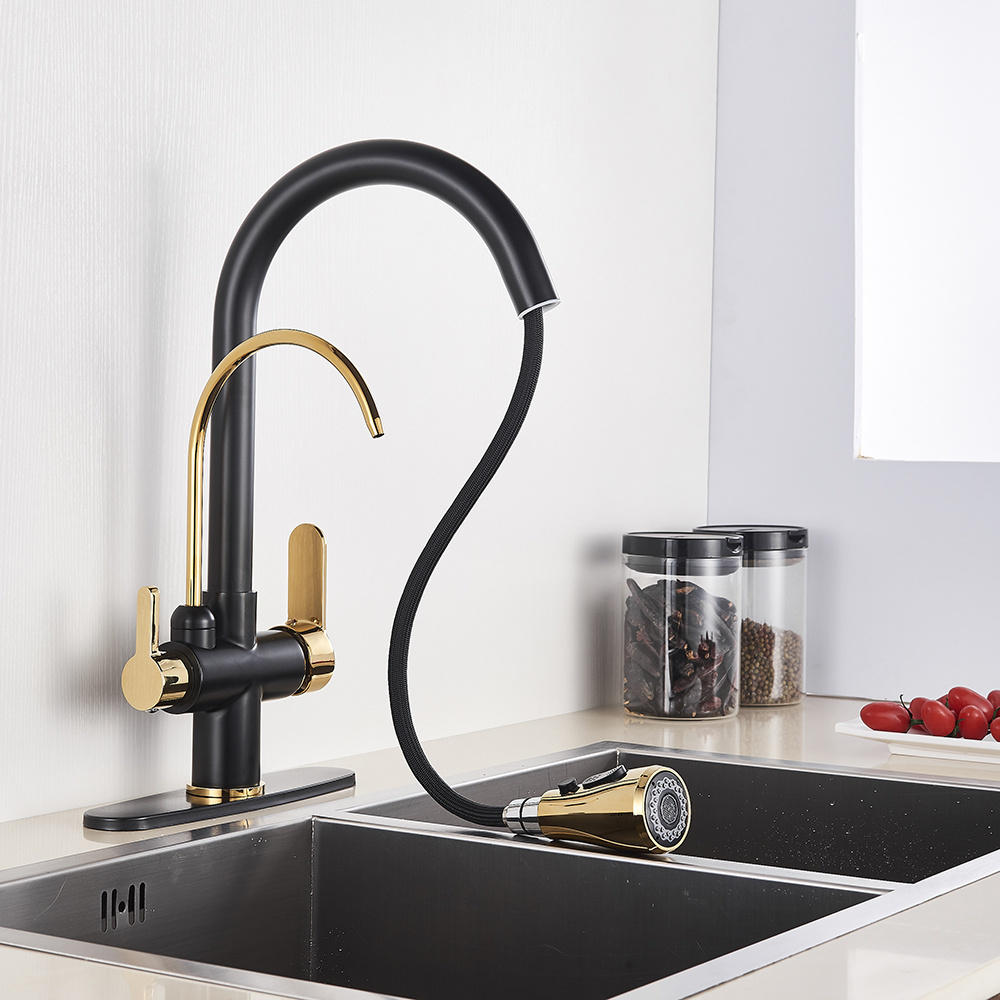 Kitchen Faucets Filter Tap Black and Golden Pull Out Faucet Three Ways Sink Mixer Kitchen Faucet 360 Rotate Deck Mounted