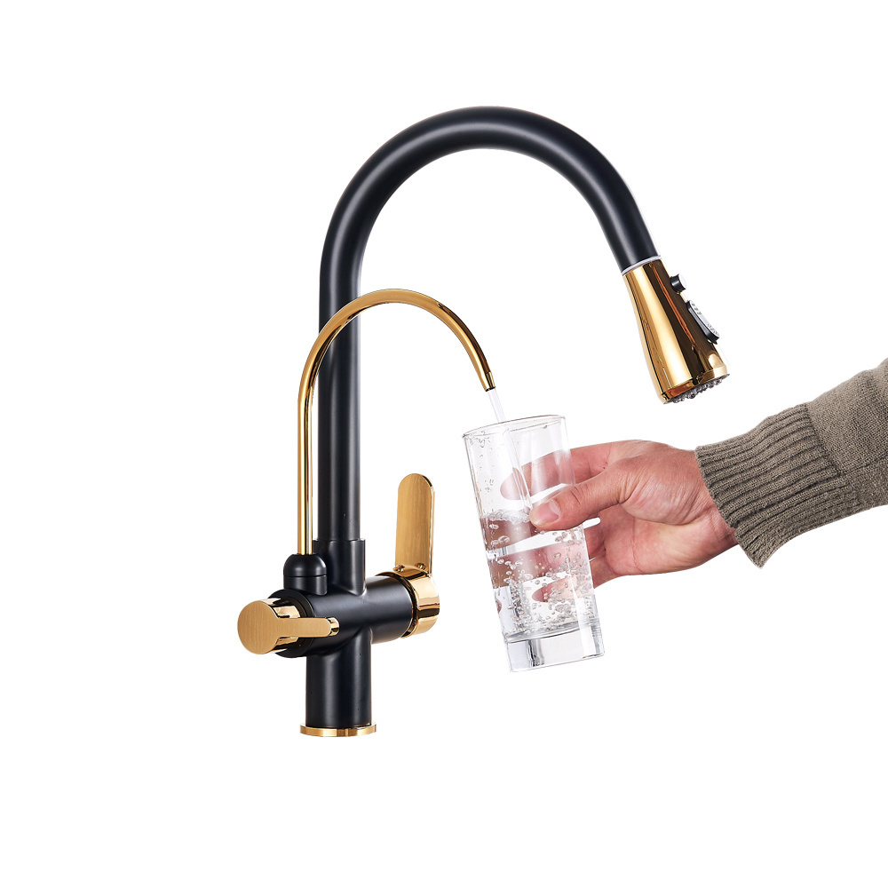 Kitchen Faucets Filter Tap Black and Golden Pull Out Faucet Three Ways Sink Mixer Kitchen Faucet 360 Rotate Deck Mounted