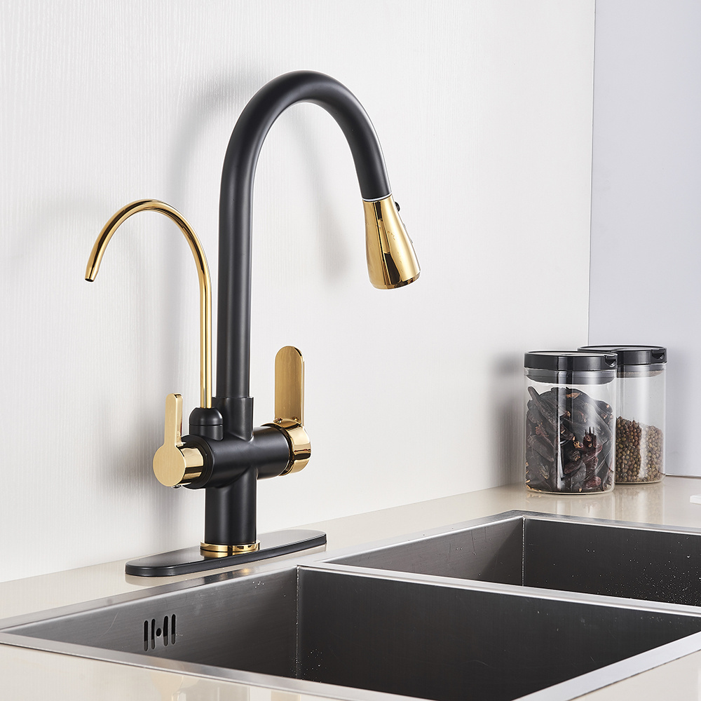 Kitchen Faucets Filter Tap Black and Golden Pull Out Faucet Three Ways Sink Mixer Kitchen Faucet 360 Rotate Deck Mounted