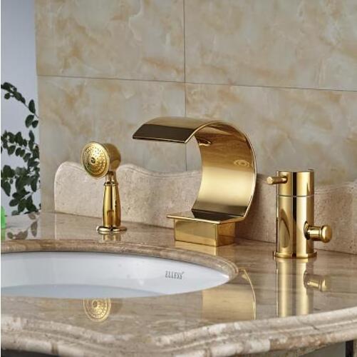 Luxury Gold Color 3 Pcs Chrome Polished Bathtub Bath Tub Waterfall Faucet with Handheld Shower