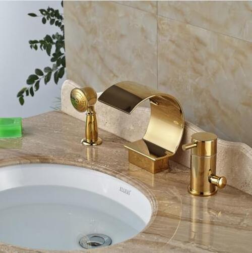 Luxury Gold Color 3 Pcs Chrome Polished Bathtub Bath Tub Waterfall Faucet with Handheld Shower