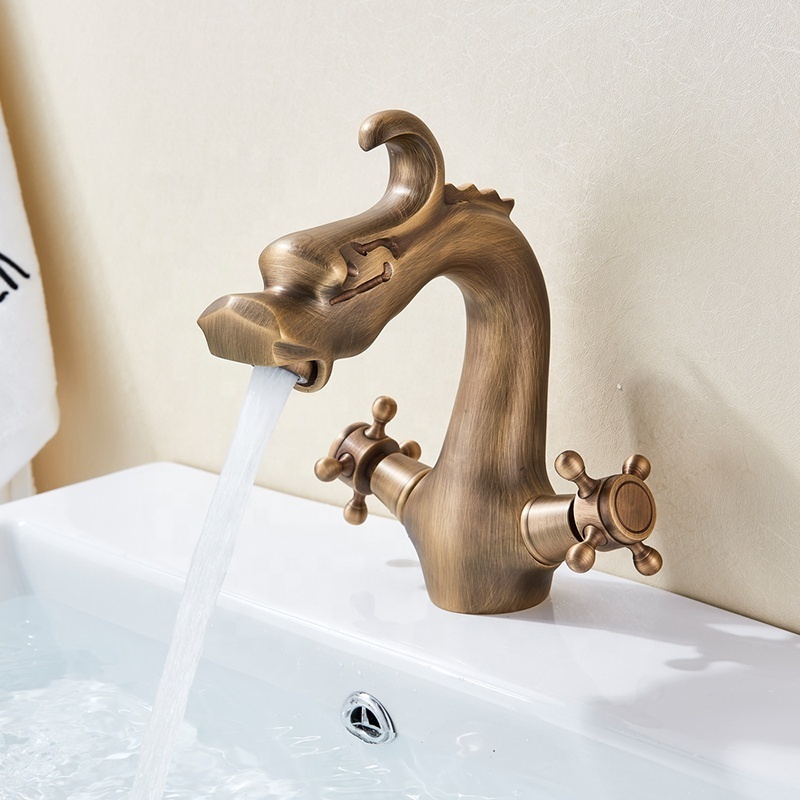 Dragon Carved Basin Faucet Antique Bronze Bathroom Vessel Sink Faucet Dual Handle Bathroom Mixer Tap Animal Shape tap