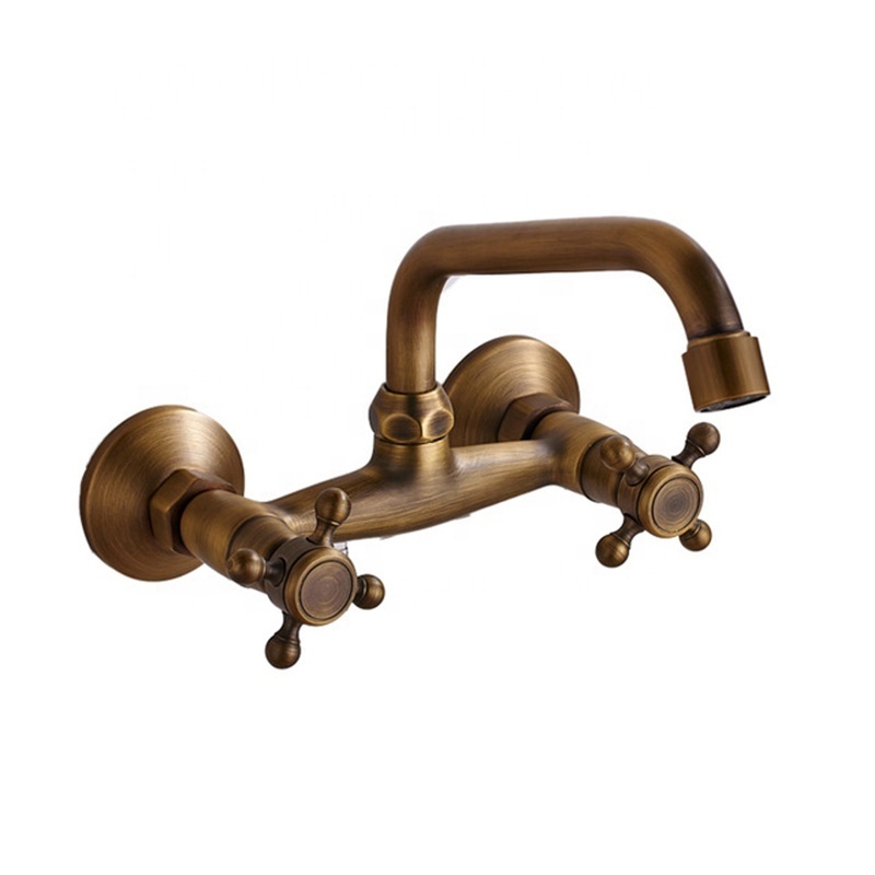 Wall Mounted Bathroom Kitchen Faucet Dual Handle Brass Antique Hot and Cold Water Tap 360 Swivel Long Spout Kitchen Mixer Tap