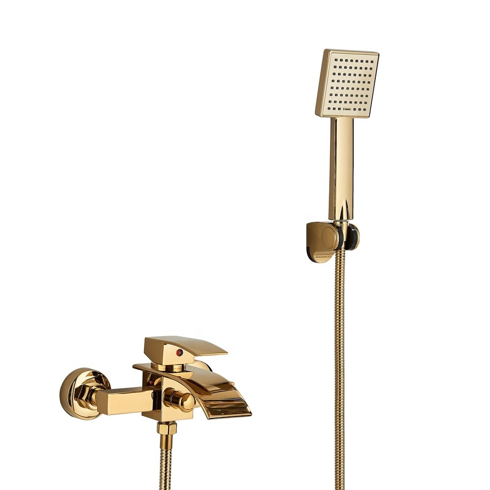 Golden Bathroom Shower Faucet Set Waterfall Bathtub Faucet Wall Mount Hot Cold Mixer Crane Bathtub Tap With ABS Handheld Shower