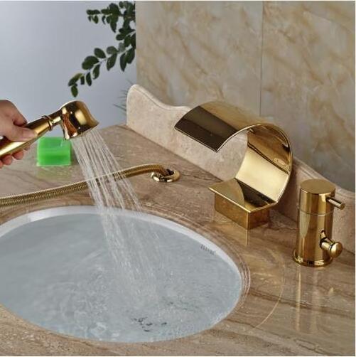 Luxury Gold Color 3 Pcs Chrome Polished Bathtub Bath Tub Waterfall Faucet with Handheld Shower