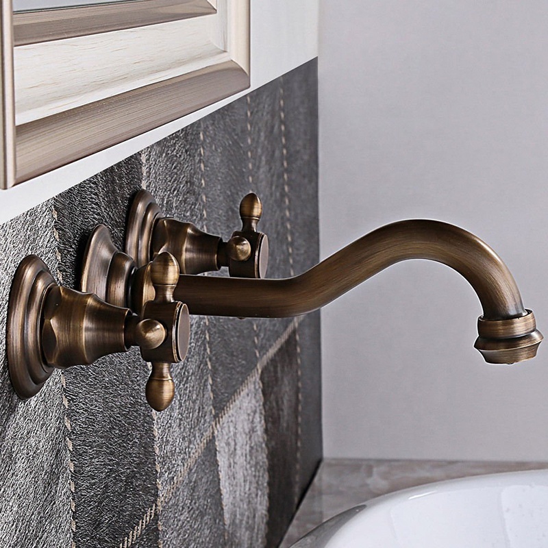 Wall Mounted Bathroom Kitchen Faucet Dual Handle Brass Antique Hot and Cold Water Tap 360 Swivel Long Spout Kitchen Mixer Tap