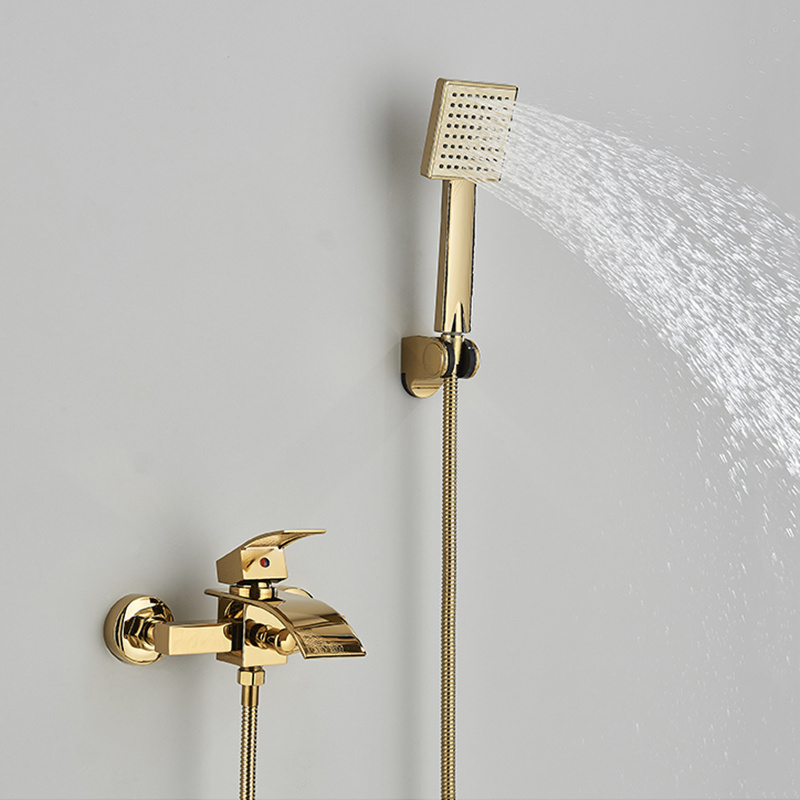 Golden Bathroom Shower Faucet Set Waterfall Bathtub Faucet Wall Mount Hot Cold Mixer Crane Bathtub Tap With ABS Handheld Shower