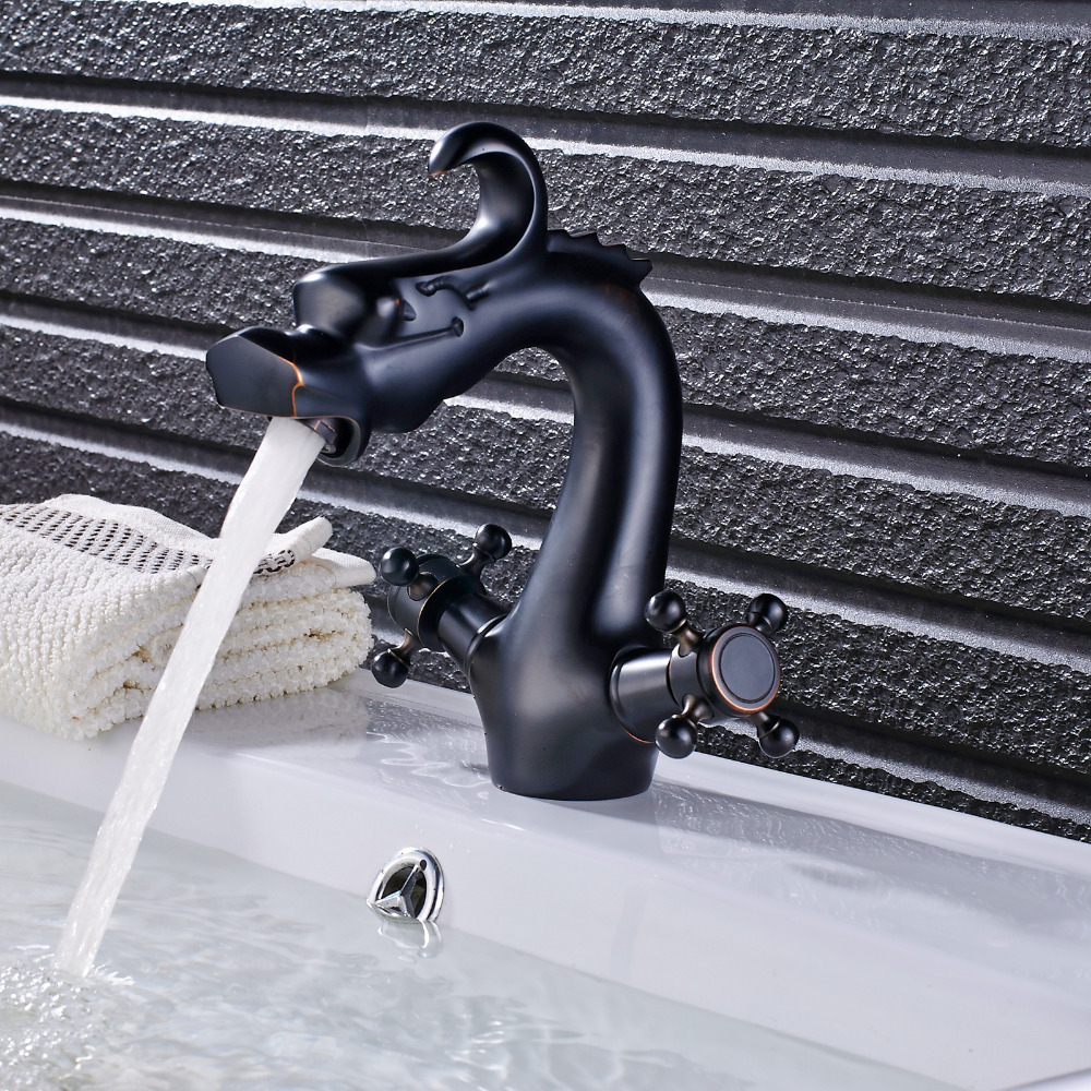 Chinese Dragon Style Washroom Faucets Dual Handle Single Hole Deck Mounted  Bathroom  Hot Cold Mixer Tap Brass Basin faucet