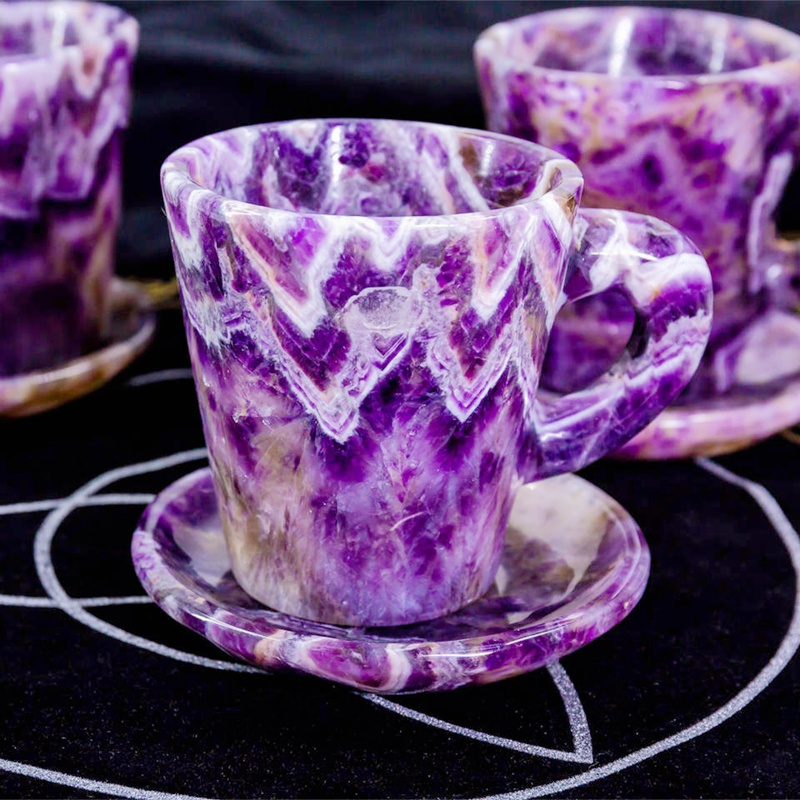 Wholesale natural folk crafts healing hand carved dream amethyst crystal tea cup for home decoration