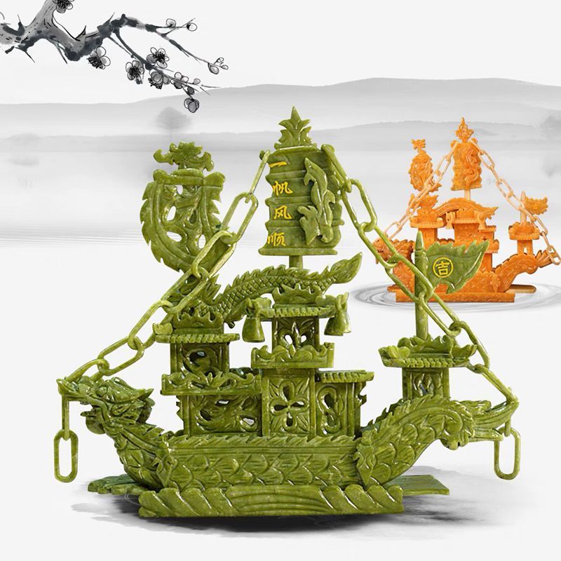 28cm Wholesale Chinese Good Luck jade carved dragon boat crafts fengshui Boat for home decoration