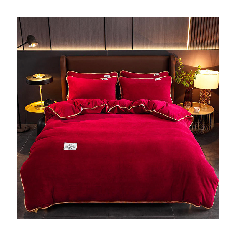 Manufacture Supply Wholesale Custom thickened milk velvet four piece set warm flannel coral velvet bedspread quilt cover set