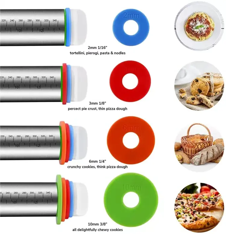 High Performance Baking Tools Non-sticking Adjustable Rolling Pin kitchen Stainless steel Rolling Pin with Measurable Rings