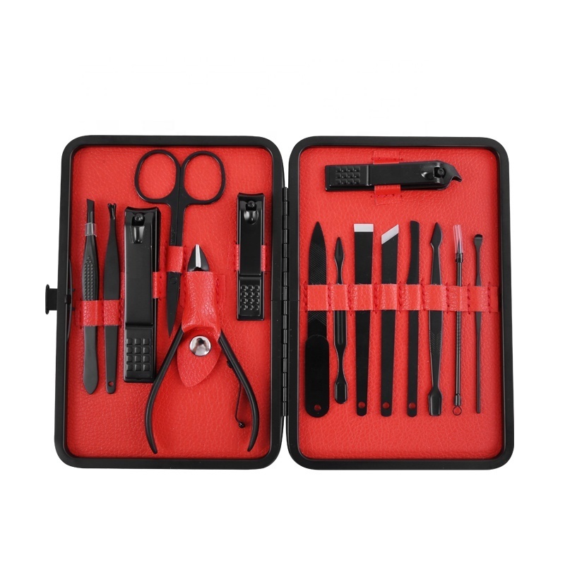 OEM 15pcs Black Stainless Steel Manicure Set Men High Professional Travel Grooming Kit Nail Care Custom Logo Shops Supermarkets