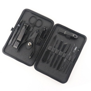 OEM 15pcs Black Stainless Steel Manicure Set Men High Professional Travel Grooming Kit Nail Care Custom Logo Shops Supermarkets