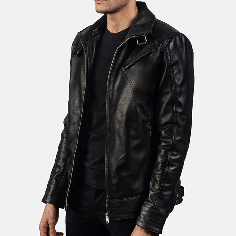 OEM custom mens plain black zipper leather blouson jacket with four pockets