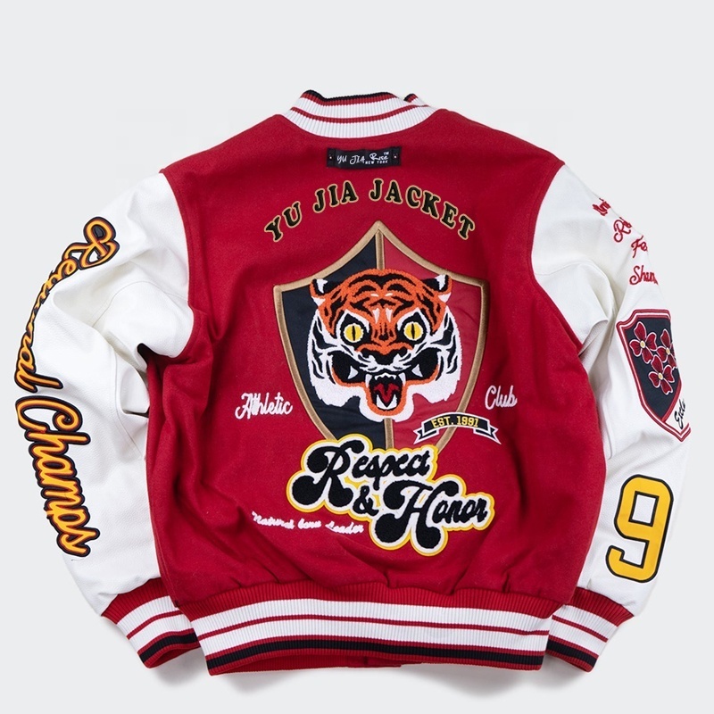 Custom Logo Luxury Wool Chenille Embroidery Baseball Letterman Jackets Men Vintage Red And White Leather Sleeve Varsity Jacket