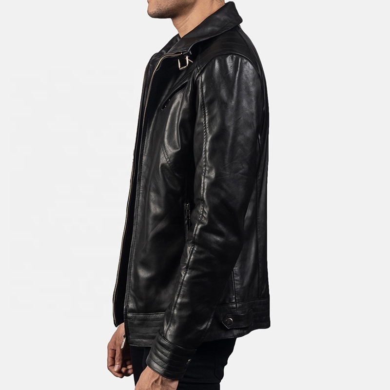 OEM custom mens plain black zipper leather blouson jacket with four pockets