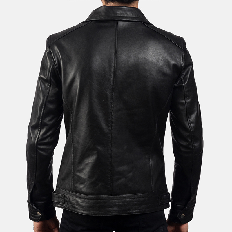 OEM custom mens plain black zipper leather blouson jacket with four pockets