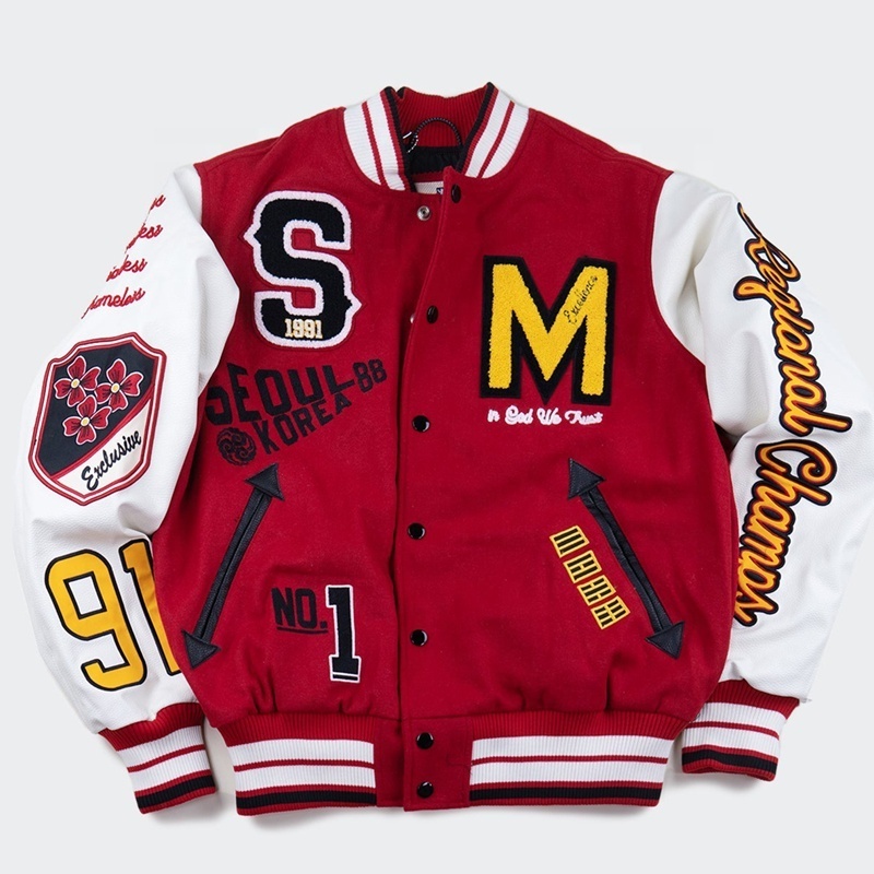 Custom Logo Luxury Wool Chenille Embroidery Baseball Letterman Jackets Men Vintage Red And White Leather Sleeve Varsity Jacket