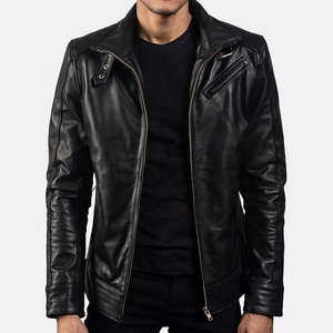 OEM custom mens plain black zipper leather blouson jacket with four pockets