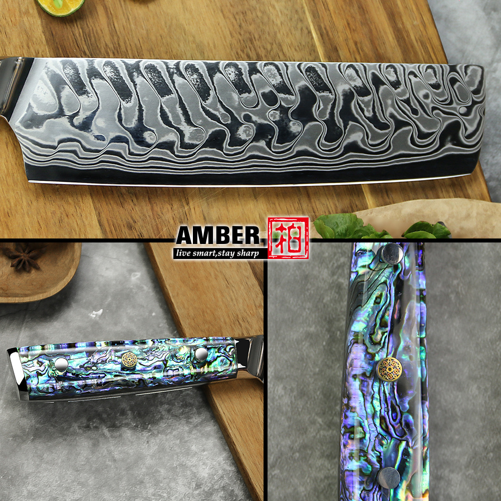 Custom branding 45layers damascus steel vegetable cutting knife 7inch nakiri knife with abalone handle