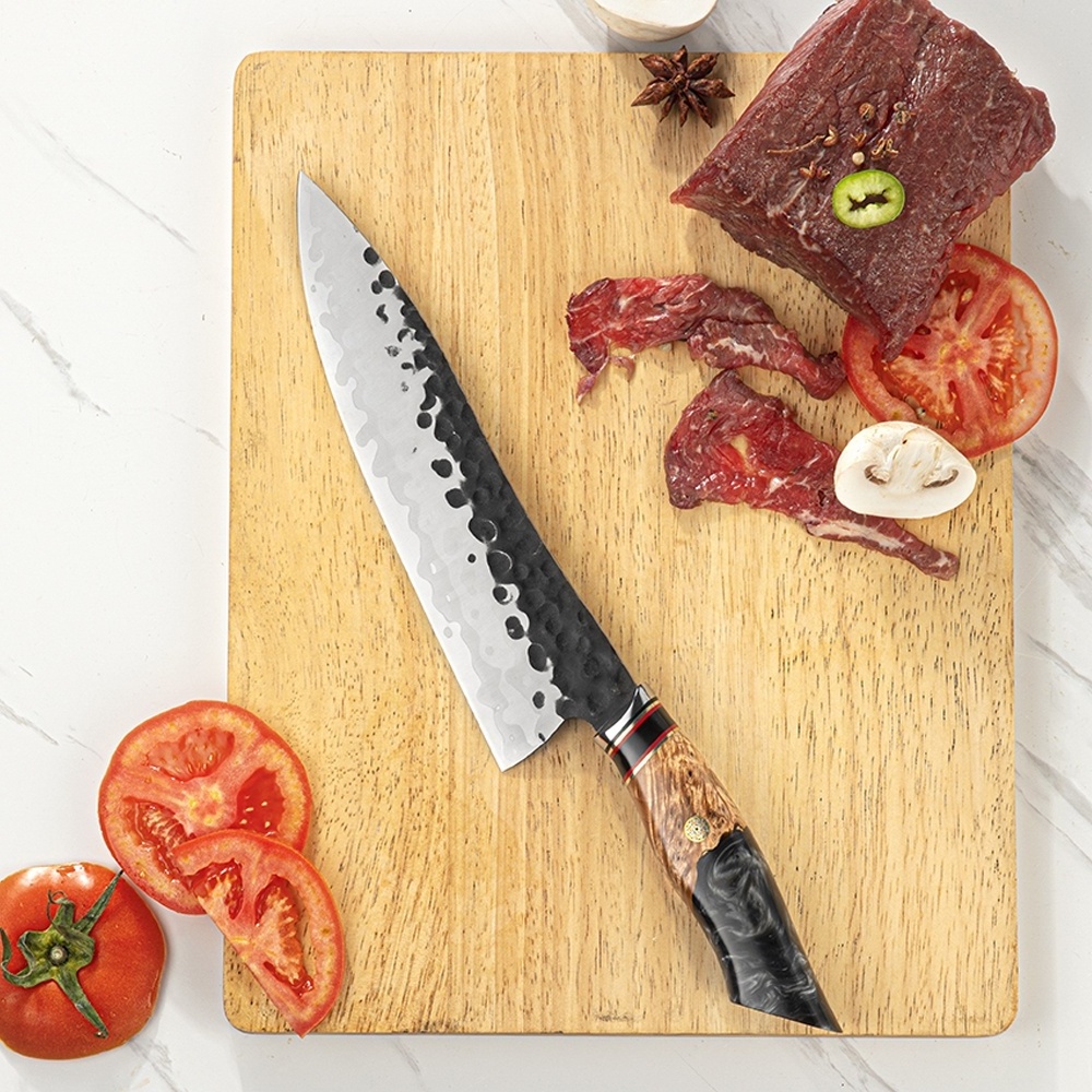 Handcrafe 440C core 7layers High Carbon Steel Knife Black Hammer Stunning Kitchen Chef Knife with Resin Burl Wood Handle Knife