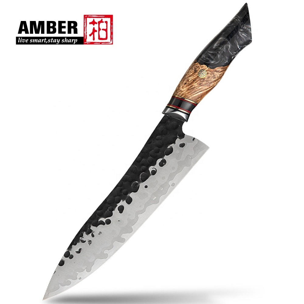 Handcrafe 440C core 7layers High Carbon Steel Knife Black Hammer Stunning Kitchen Chef Knife with Resin Burl Wood Handle Knife