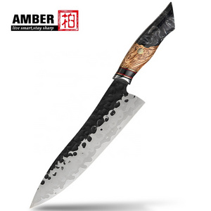 Handcrafe 440C core 7layers High Carbon Steel Knife Black Hammer Stunning Kitchen Chef Knife with Resin Burl Wood Handle Knife