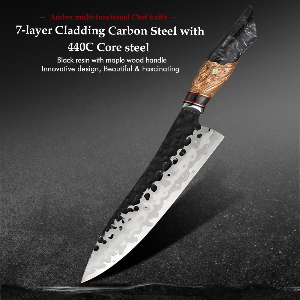 Handcrafe 440C core 7layers High Carbon Steel Knife Black Hammer Stunning Kitchen Chef Knife with Resin Burl Wood Handle Knife