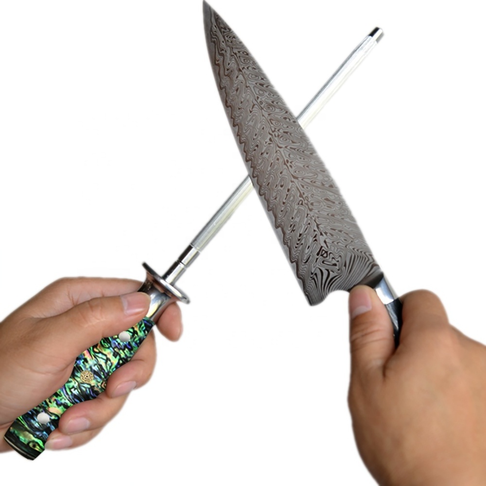 Abalone Shell Resin Handle 8 inch Round Diamond Sharpening Rod Steel Pencil Sharpener Kitchen Knife Sharpener