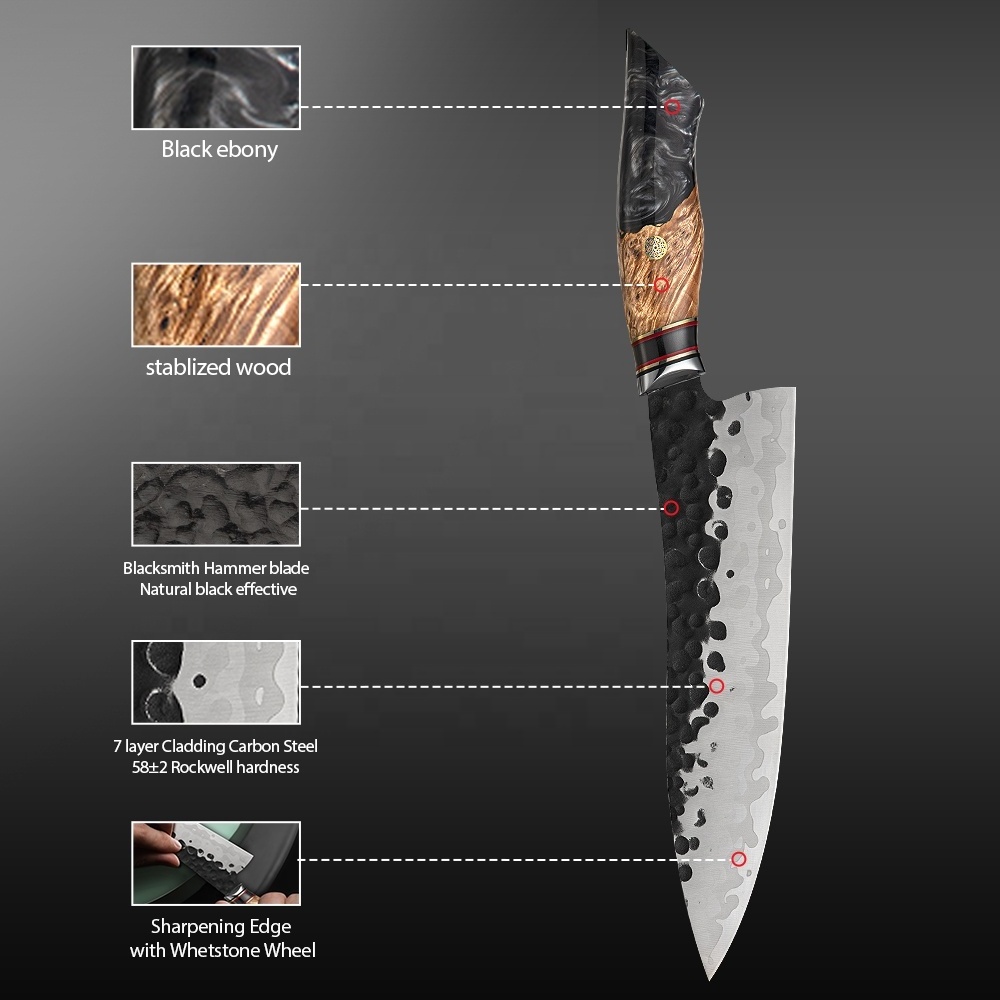 Handcrafe 440C core 7layers High Carbon Steel Knife Black Hammer Stunning Kitchen Chef Knife with Resin Burl Wood Handle Knife